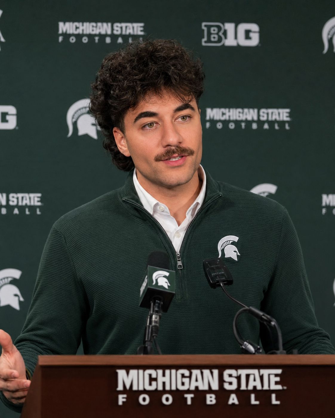 Nick Mansour at the podium during his first game-week press conference