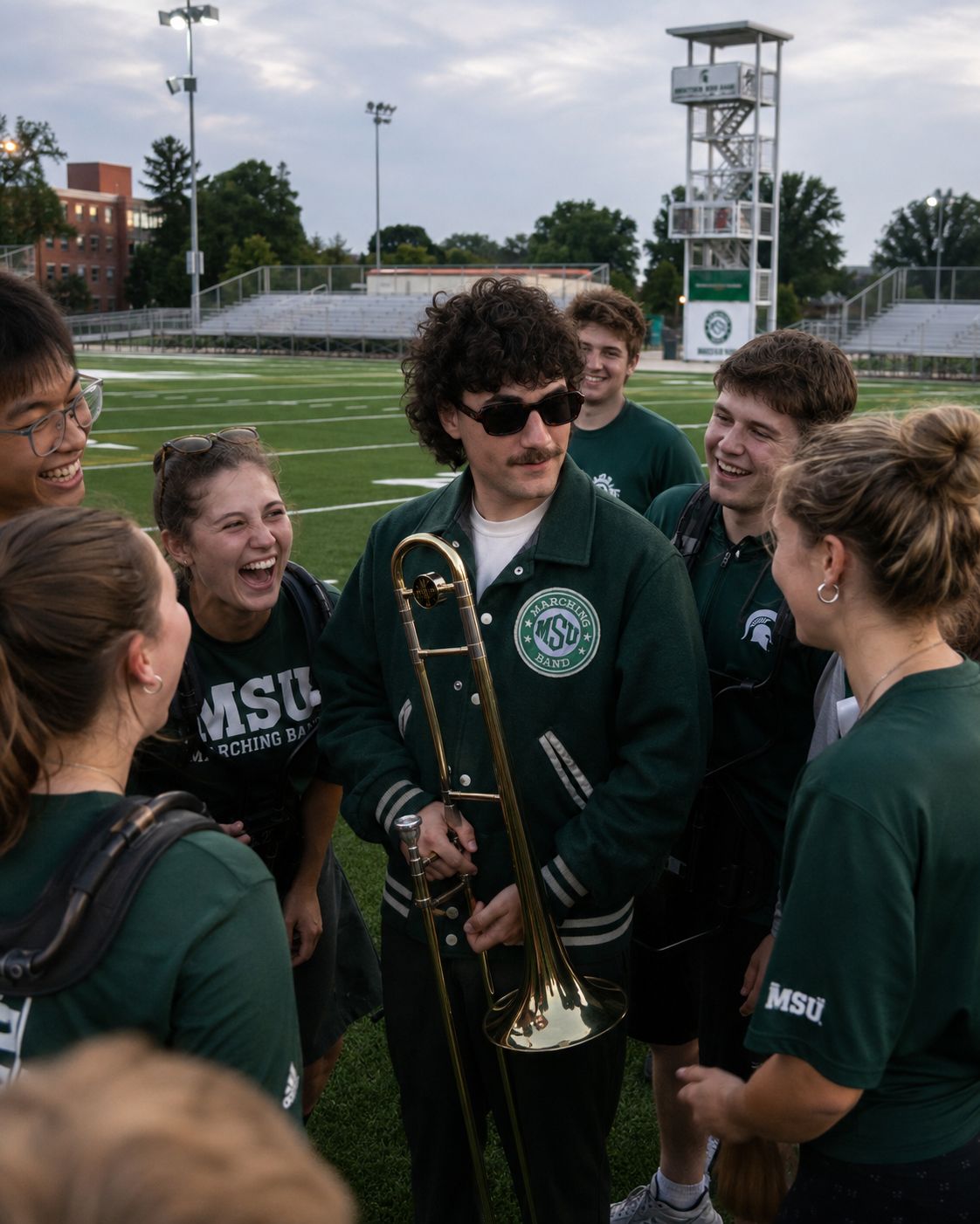 Nick Mansour speaking with members of the Spartan Marching Band