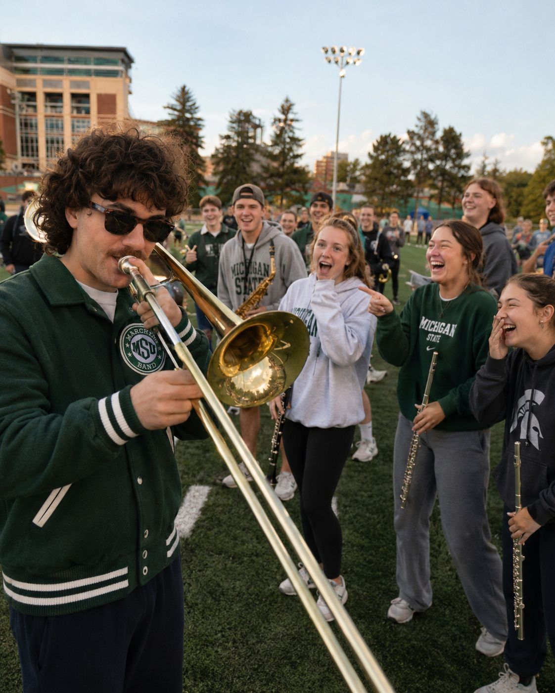 Nick Mansour playing trombone with the Spartan Marching Band